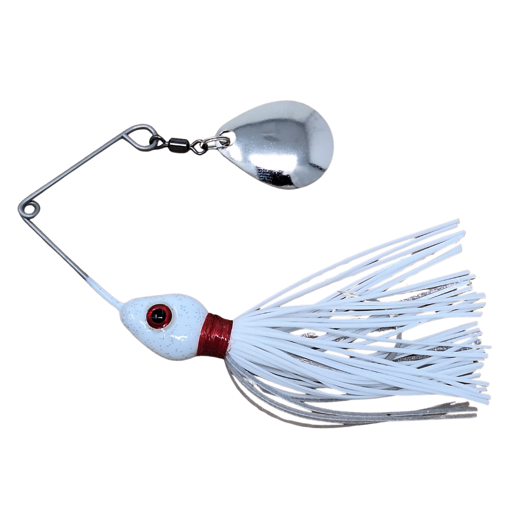 Fishing lure with a shiny white head and white skirt on a white background